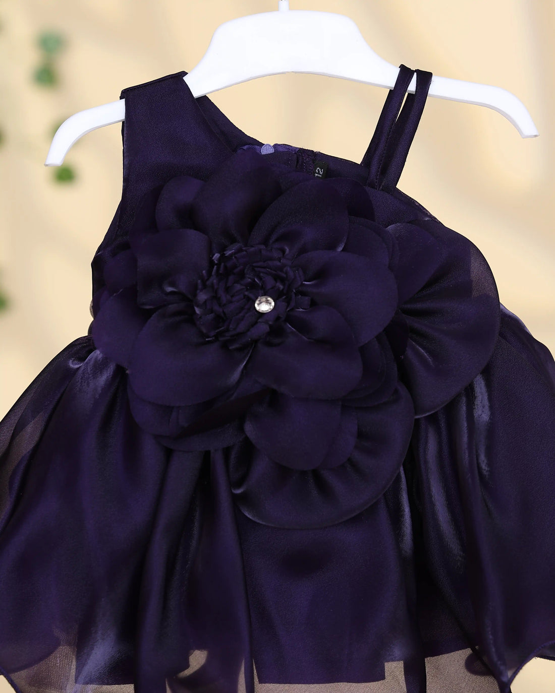 Girls Sleeveless Party Frock with Oversized Floral Applique Layered Flared Skirt and Sheer Overlay - Navy Blue