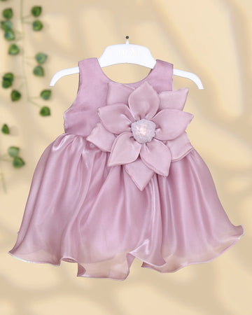 Girls Sleeveless Party Wear Frock with Layered Floral Applique Sequin Embellished Center and Flared Gathered Skirt - Onion Pink
