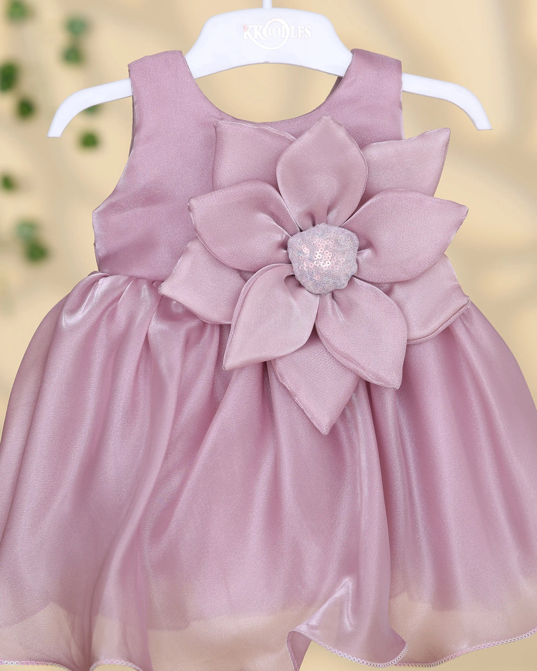 Girls Sleeveless Party Wear Frock with Layered Floral Applique Sequin Embellished Center and Flared Gathered Skirt - Onion Pink