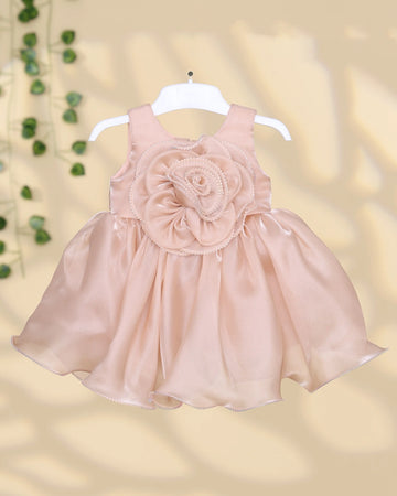 Girls’ Sleeveless Party Frock with Floral Applique Layered Bodice Detailing Gathered Flared Skirt and Scalloped Hem - Peach