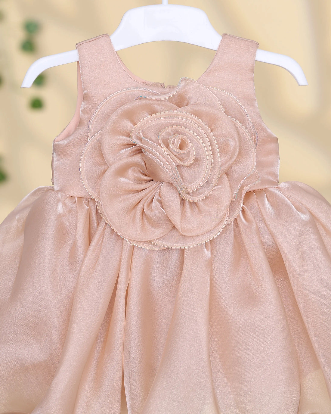 Girls’ Sleeveless Party Frock with Floral Applique Layered Bodice Detailing Gathered Flared Skirt and Scalloped Hem - Peach
