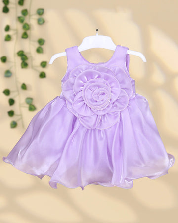 Girls Sleeveless Party Frock with Oversized Flower Applique Layered Petal Bodice Detail Gathered Flared Skirt and Scalloped Hem - Purple