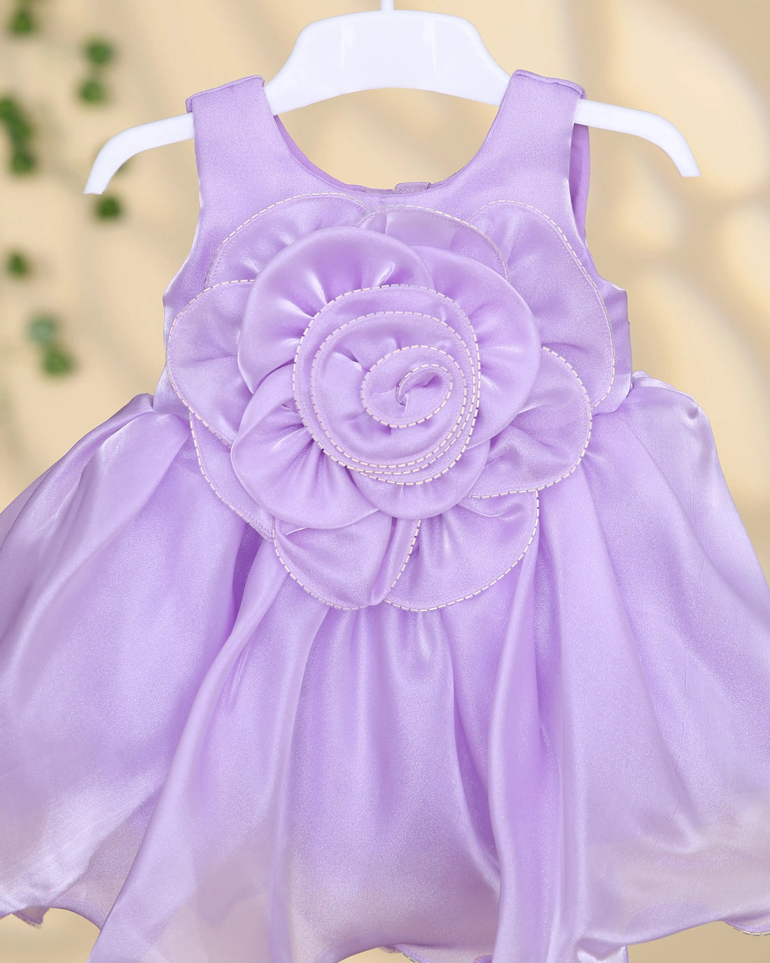 Girls Sleeveless Party Frock with Oversized Flower Applique Layered Petal Bodice Detail Gathered Flared Skirt and Scalloped Hem - Purple
