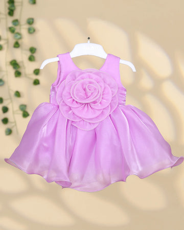 Girls Sleeveless Party Frock with Oversized Flower Applique Layered Petal Bodice Detail Gathered Flared Skirt and Scalloped Hem - Rose Pink