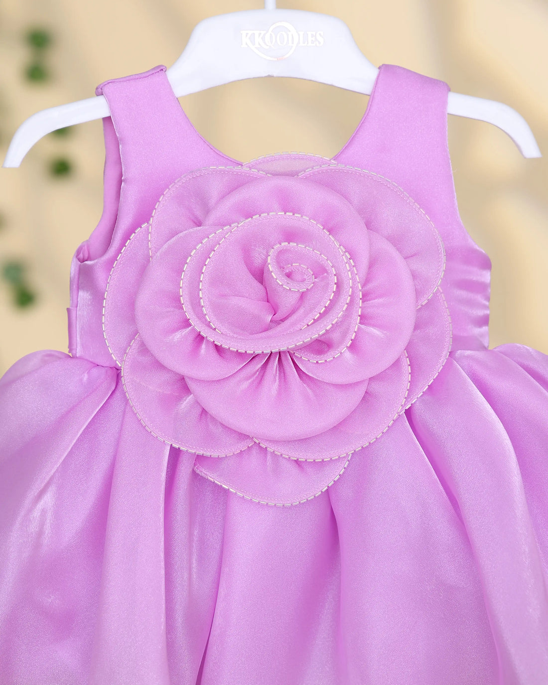 Girls Sleeveless Party Frock with Oversized Flower Applique Layered Petal Bodice Detail Gathered Flared Skirt and Scalloped Hem - Rose Pink