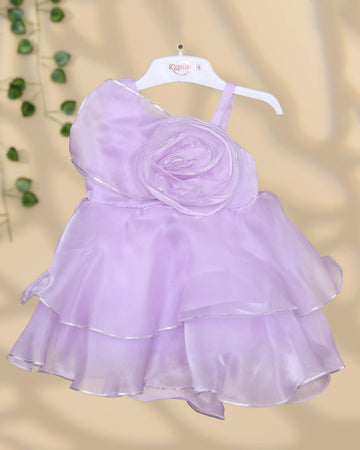 Girls’ Sleeveless Party Wear Frock with 3D Rose Flower Bodice Layered Flared Skirt and Delicate Trim Detailing - Lavender
