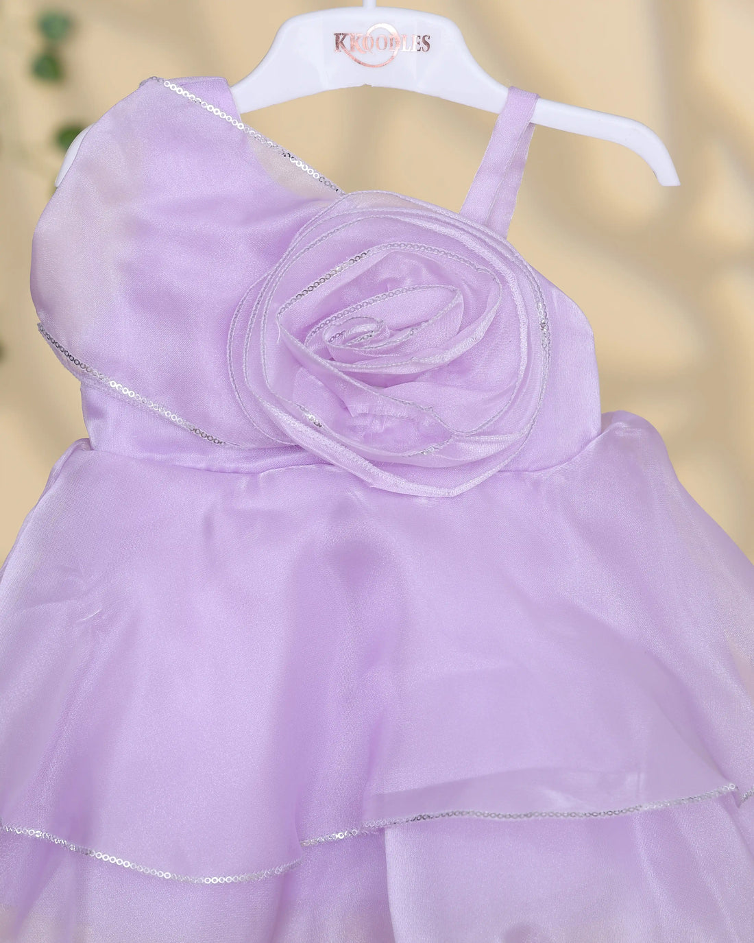 Girls’ Sleeveless Party Wear Frock with 3D Rose Flower Bodice Layered Flared Skirt and Delicate Trim Detailing - Lavender
