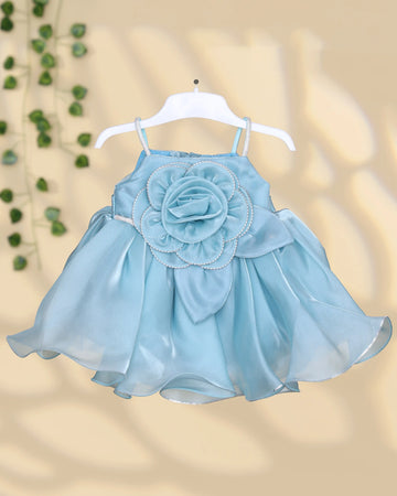 Girls’ Sleeveless Party Frock with Adjustable Shoulder Straps Floral Applique Layered Bodice and Flared Organza Skirt-  Light Blue