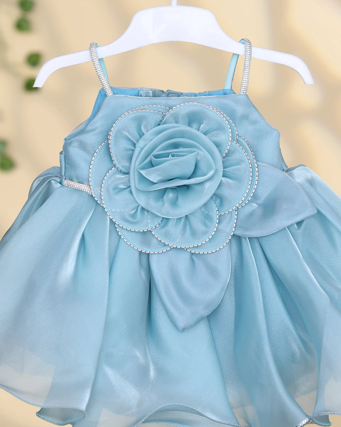 Girls’ Sleeveless Party Frock with Adjustable Shoulder Straps Floral Applique Layered Bodice and Flared Organza Skirt-  Light Blue