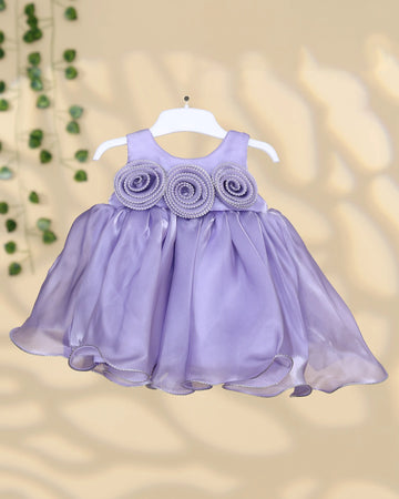 Girls’ Sleeveless Party Wear Frock with Triple Spiral Flower Embellishments Gathered Flared Skirt and Scalloped Hem Detailing - Lavender