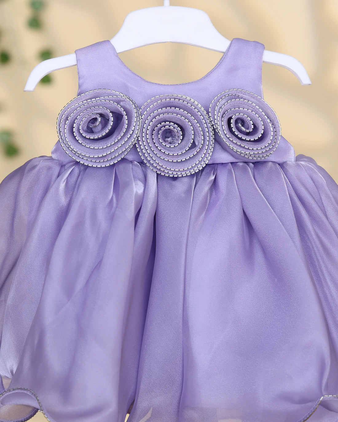 Girls’ Sleeveless Party Wear Frock with Triple Spiral Flower Embellishments Gathered Flared Skirt and Scalloped Hem Detailing - Lavender