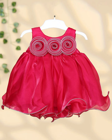 Girls’ Sleeveless Organza Frock with Round Neck Gathered Flared Skirt and Intricate Circular Embroidered Bodice Detailing - Red