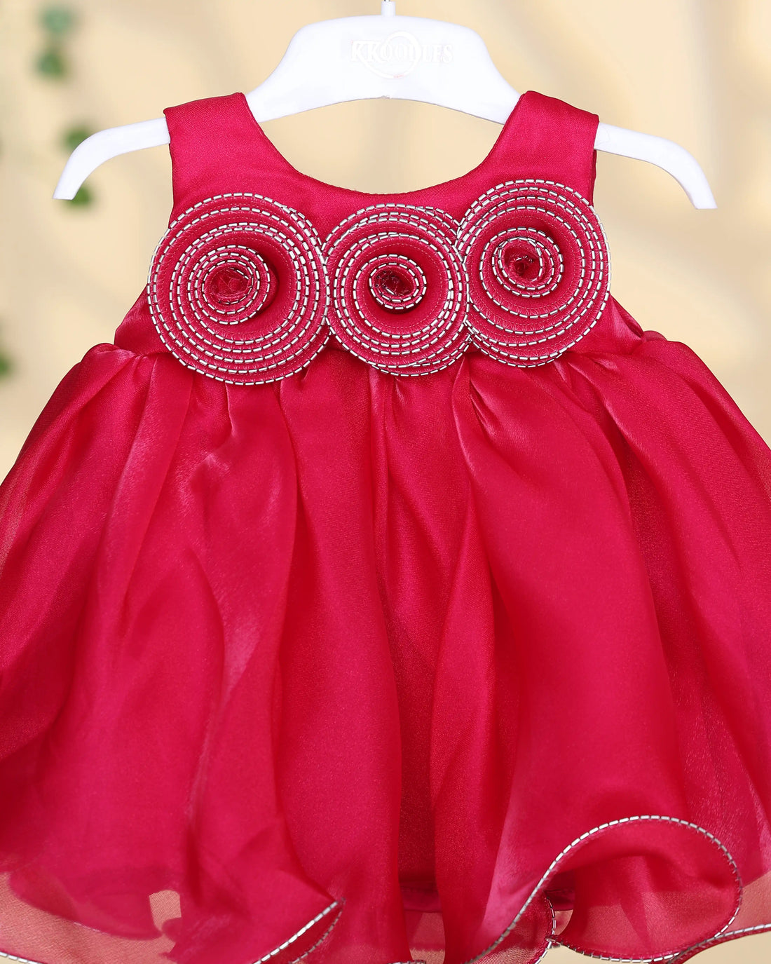 Girls’ Sleeveless Organza Frock with Round Neck Gathered Flared Skirt and Intricate Circular Embroidered Bodice Detailing - Red