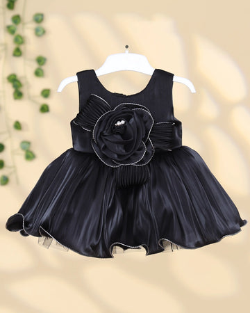 Girls’ Sleeveless Party Frock with Pleated Bodice Large Rose Flower Applique Pearl Embellishment and Flared Layered Skirt - Black