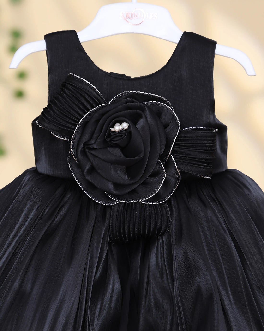 Girls’ Sleeveless Party Frock with Pleated Bodice Large Rose Flower Applique Pearl Embellishment and Flared Layered Skirt - Black