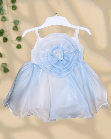Girls Sleeveless Party Frock with Oversized Flower Applique Layered Tulle Skirt and Embellished Center Detail - Light Blue