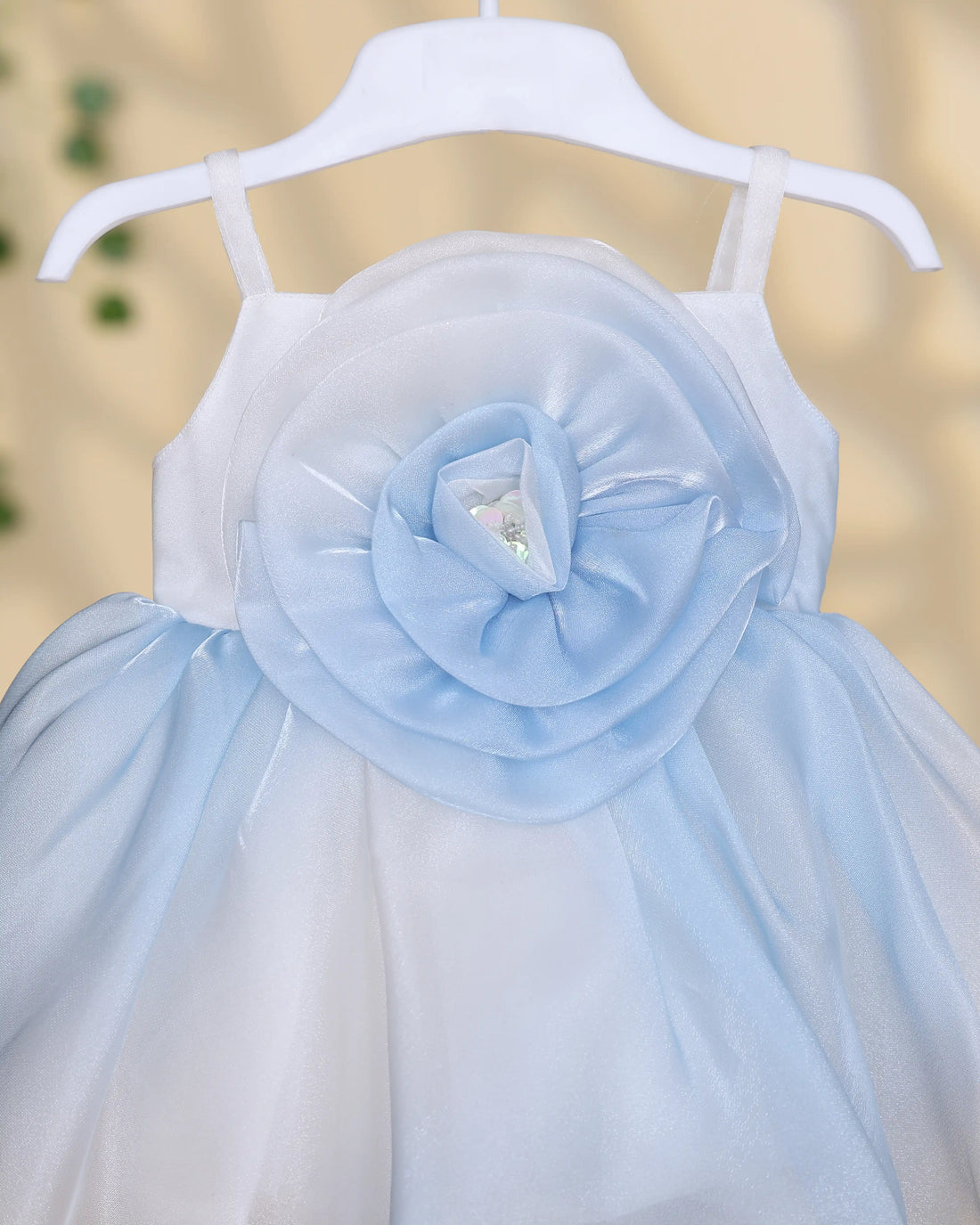 Girls Sleeveless Party Frock with Oversized Flower Applique Layered Tulle Skirt and Embellished Center Detail - Light Blue