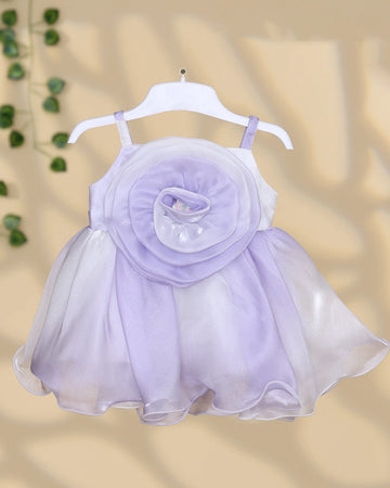 Girls Sleeveless Organza Frock with Large Rose Flower Bodice Layered Flared Skirt and Delicate Shoulder Straps - Lavender