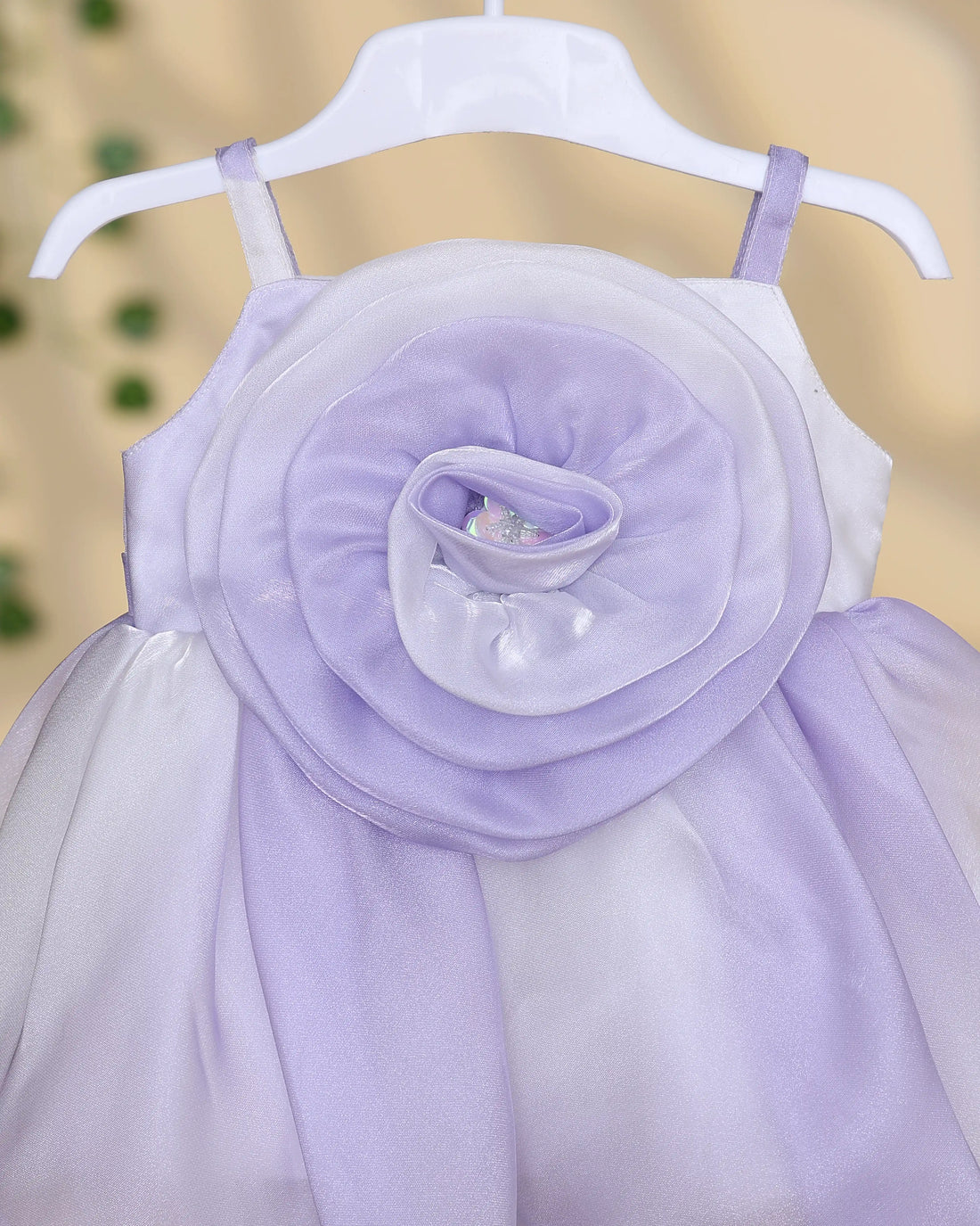 Girls Sleeveless Organza Frock with Large Rose Flower Bodice Layered Flared Skirt and Delicate Shoulder Straps - Lavender