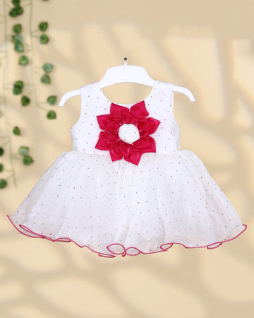 Girls’ Sleeveless Party Wear Frock with Floral Applique Embellished Bodice Layered Flared Tulle Skirt and Scalloped Hem Detailing - White