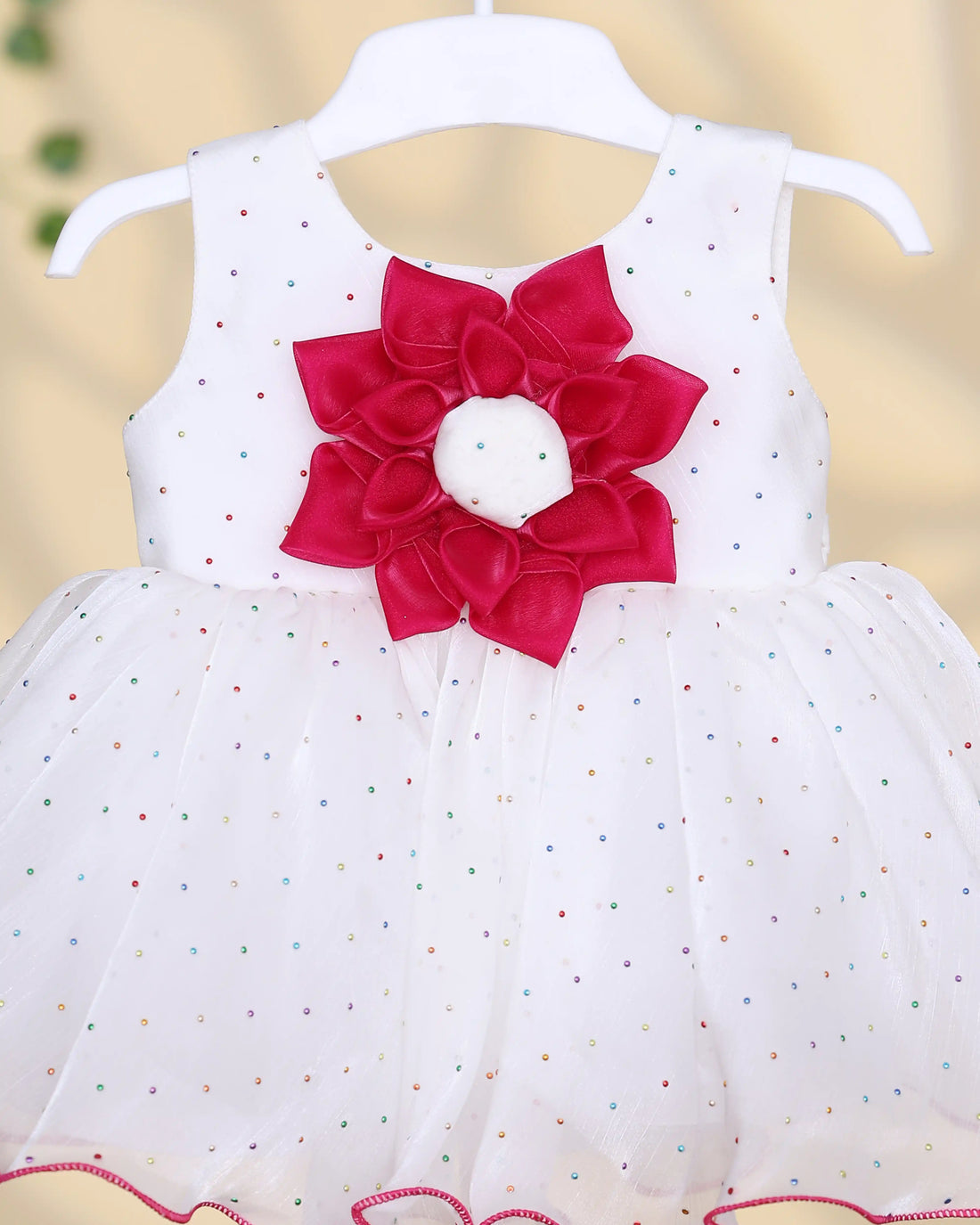 Girls’ Sleeveless Party Wear Frock with Floral Applique Embellished Bodice Layered Flared Tulle Skirt and Scalloped Hem Detailing - White