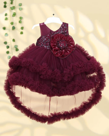 Girls Party Wear Frock with Floral Applique Embellished Bodice Layered Ruffle Skirt & Net Hem - Burgundy