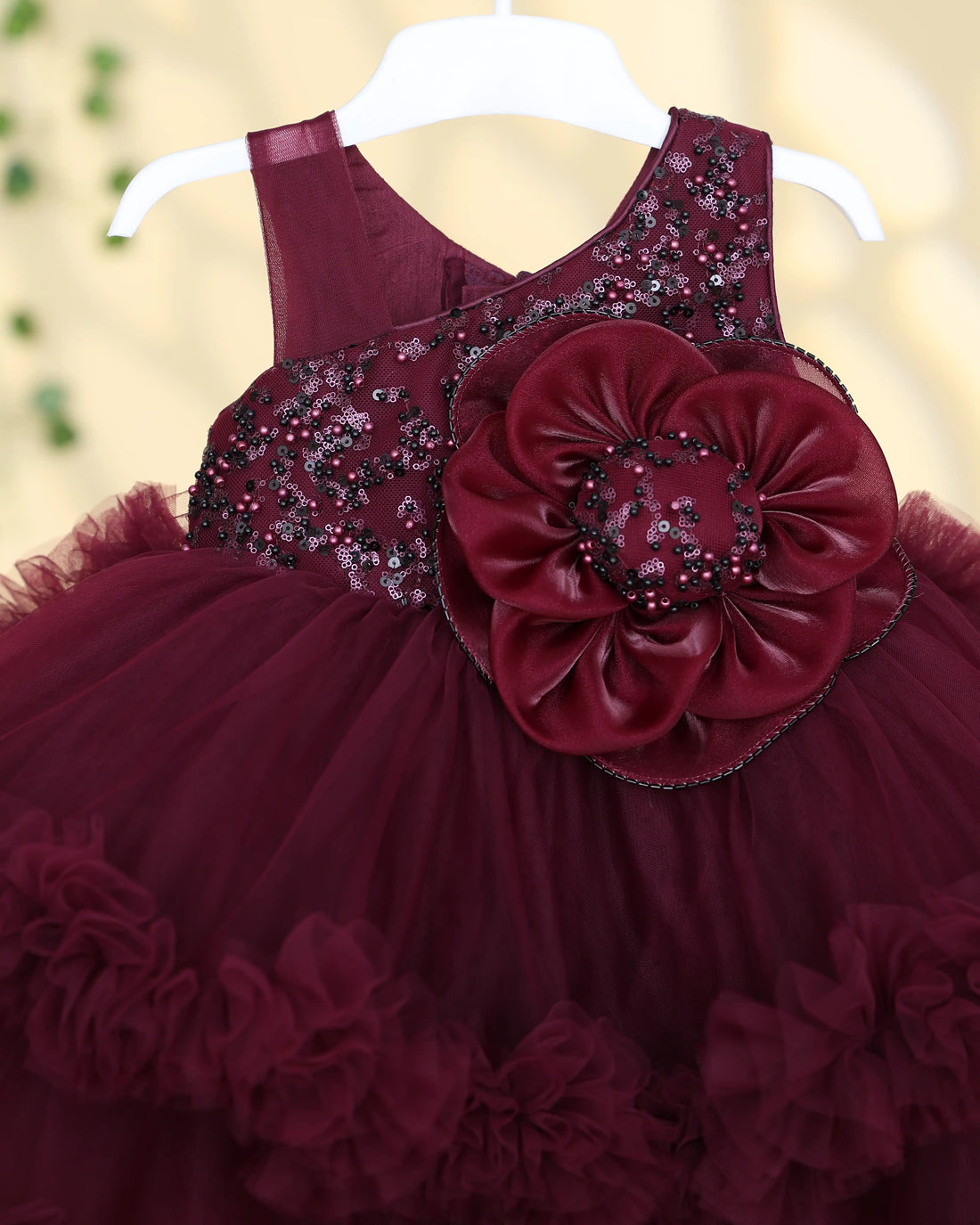 Girls Party Wear Frock with Floral Applique Embellished Bodice Layered Ruffle Skirt & Net Hem - Burgundy