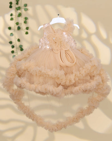 Girls’ Layered Net Frock with Floral Applique Sequin Embellishments Ruffled Net Skirt & Decorative Bow Detailing - Beige