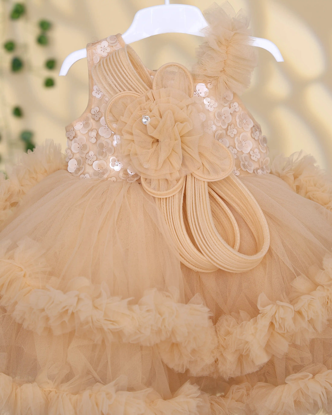 Girls’ Layered Net Frock with Floral Applique Sequin Embellishments Ruffled Net Skirt & Decorative Bow Detailing - Beige