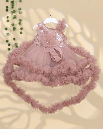 Girls’ Layered Net Frock with Floral Applique Sequin Embellishments Ruffled Net Skirt & Decorative Bow Detailing - Dusty Rose