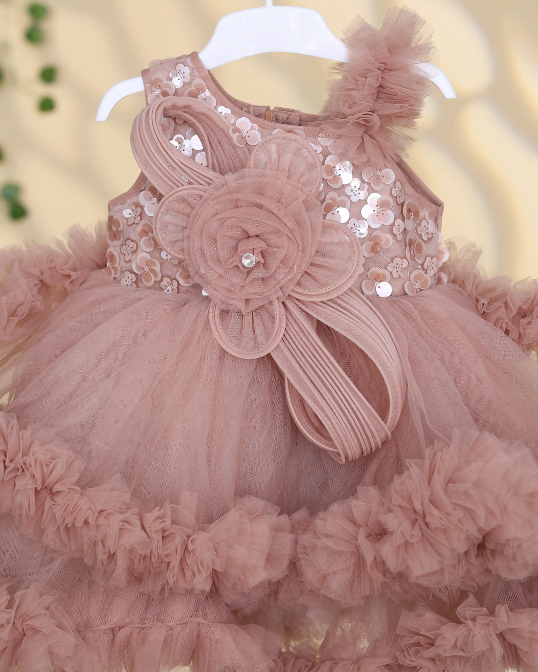 Girls’ Layered Net Frock with Floral Applique Sequin Embellishments Ruffled Net Skirt & Decorative Bow Detailing - Dusty Rose
