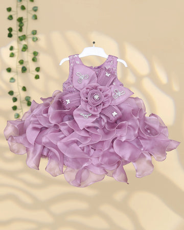 Girls’ Floral Applique Party Wear Frock with Layered Ruffle Skirt Bow Waist Detail & Flower Embellishments - Light Purple