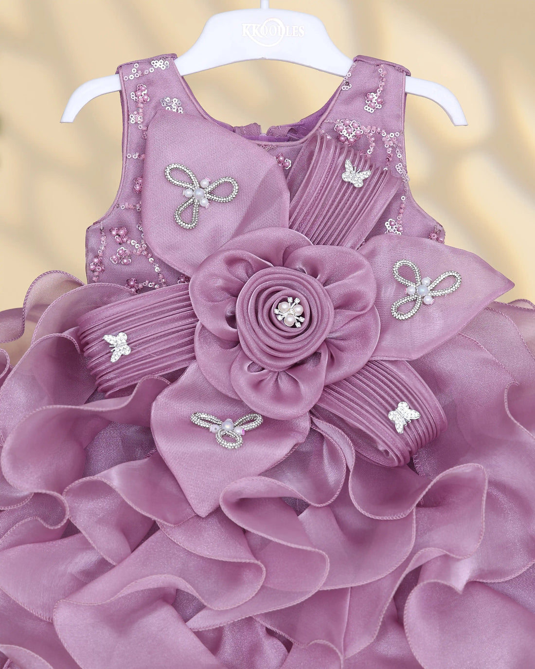 Girls’ Floral Applique Party Wear Frock with Layered Ruffle Skirt Bow Waist Detail & Flower Embellishments - Light Purple
