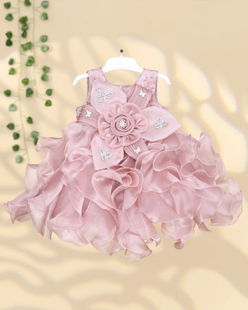 Girls’ Floral Applique Party Wear Frock with Layered Ruffle Skirt Bow Waist Detail & Flower Embellishments - Onion Pink