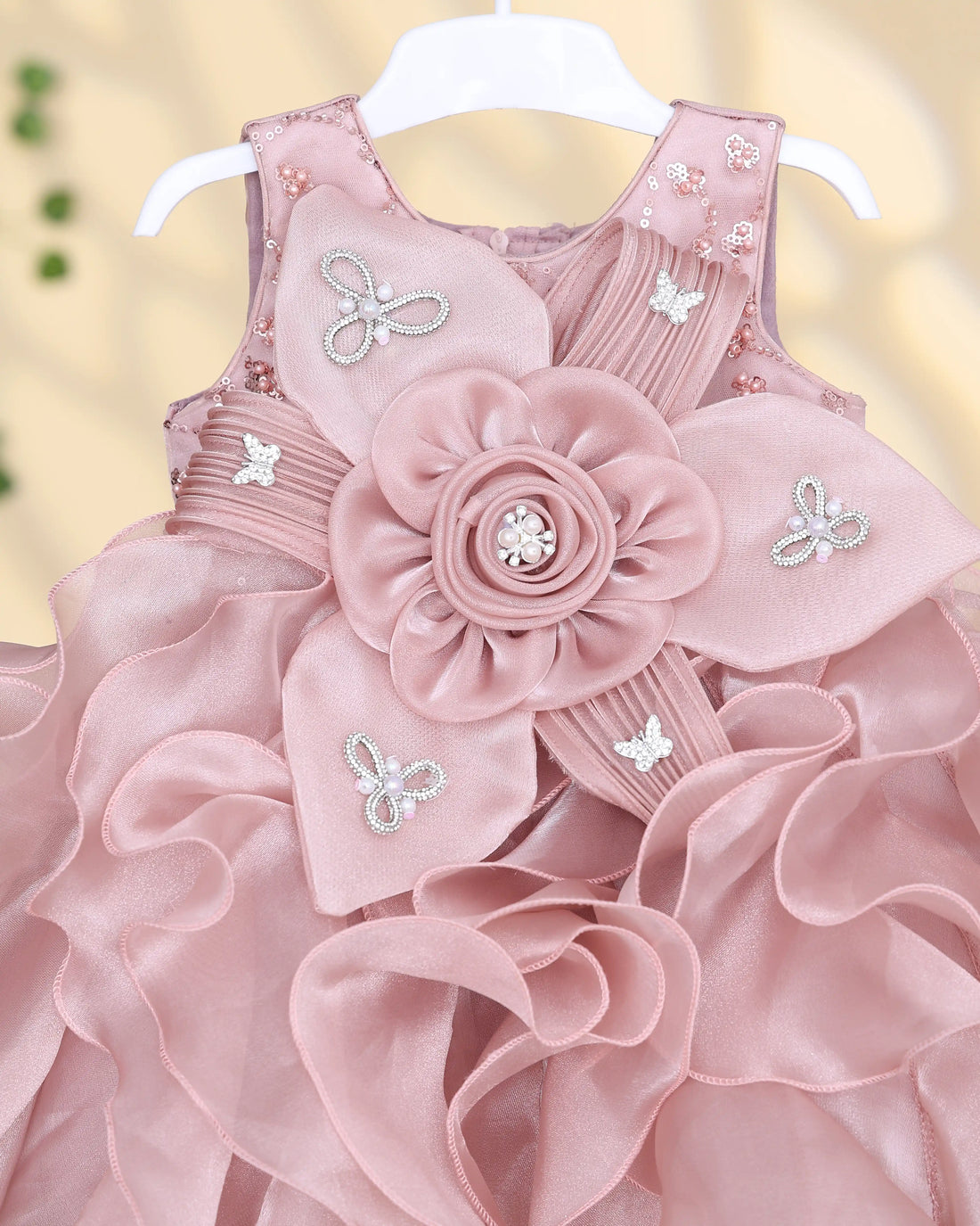 Girls’ Floral Applique Party Wear Frock with Layered Ruffle Skirt Bow Waist Detail & Flower Embellishments - Onion Pink