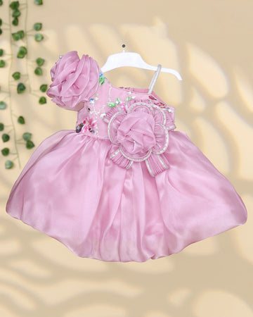 Girls Party Wear Frock with Floral Sleeve Embellished Bodice and Flared Skirt - Pink