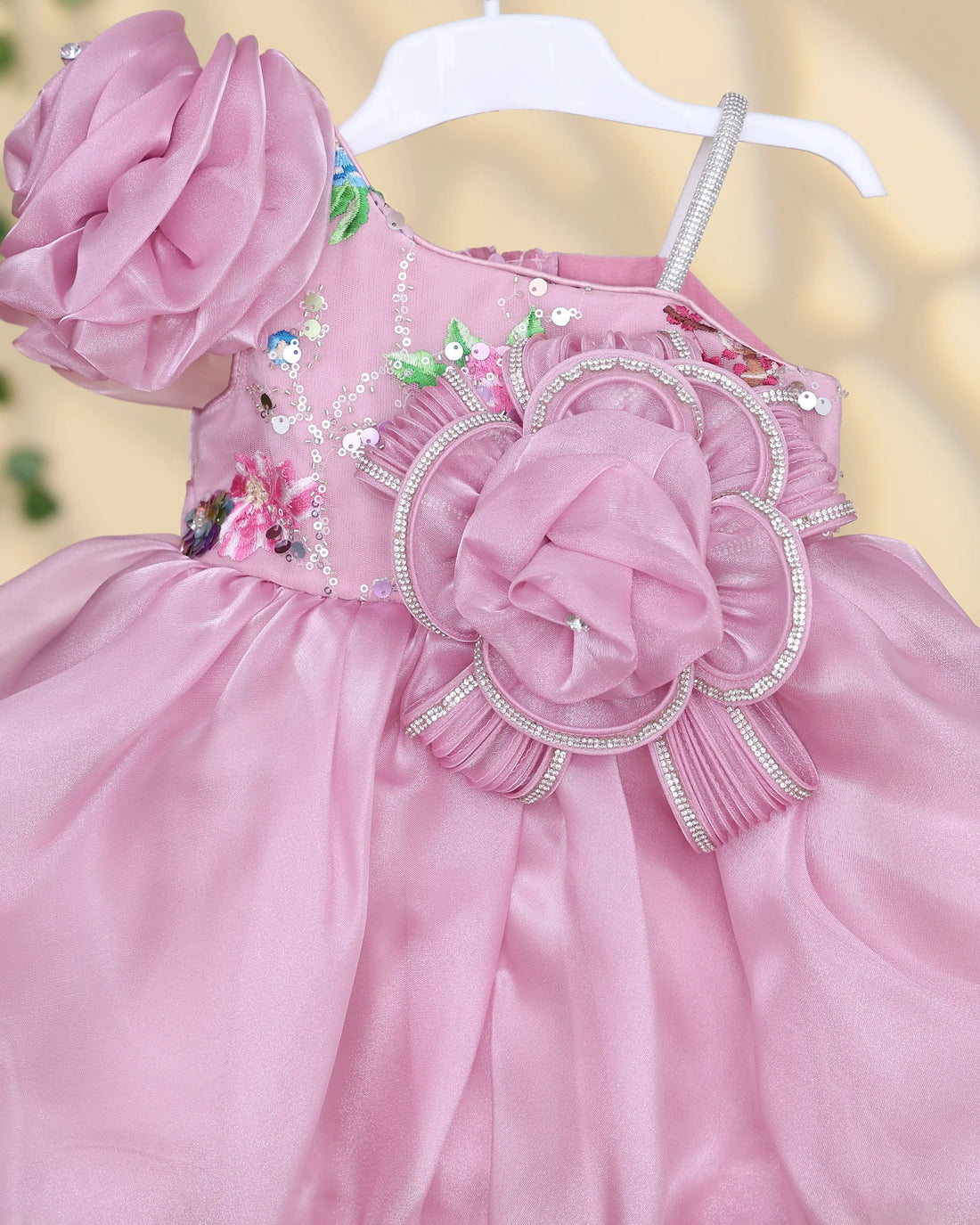 Girls Party Wear Frock with Floral Sleeve Embellished Bodice and Flared Skirt - Pink