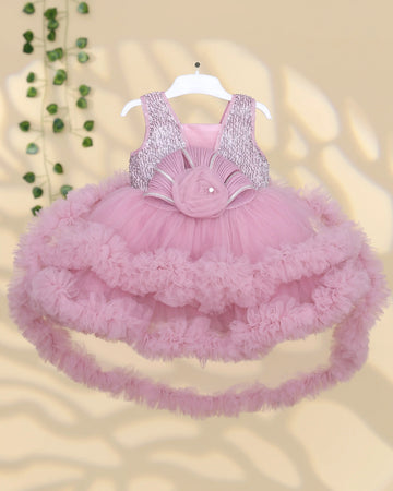 Girls Sleeveless Party Frock with Sequin Bodice Floral Applique Waist Detail Layered Tulle Skirt and Ruffled Hem - Pink