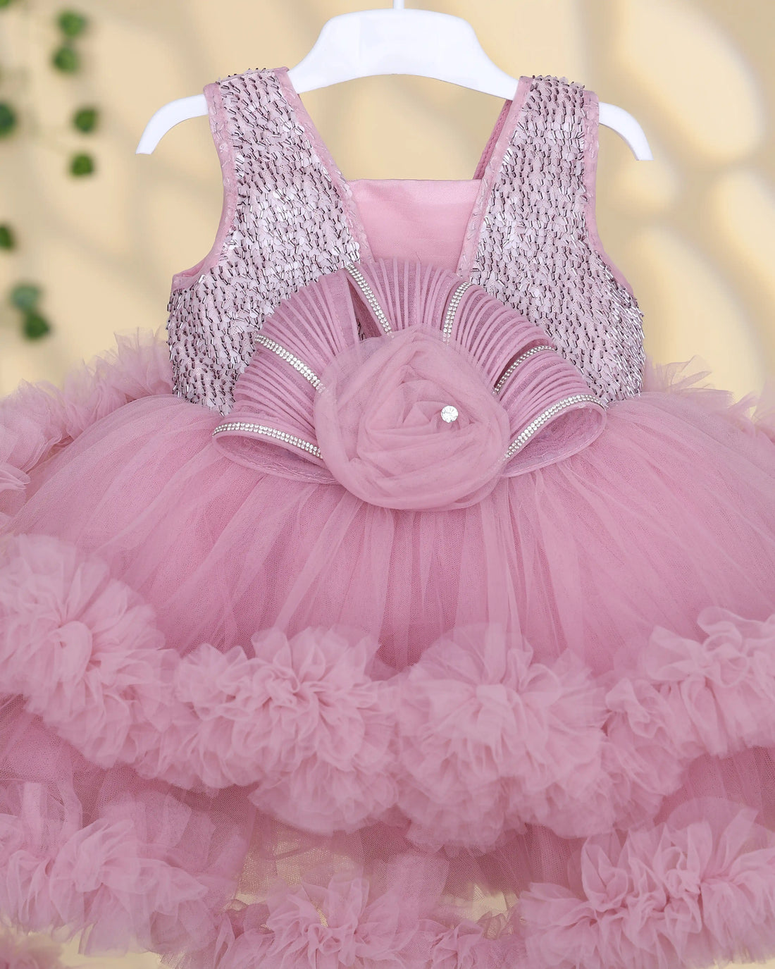 Girls Sleeveless Party Frock with Sequin Bodice Floral Applique Waist Detail Layered Tulle Skirt and Ruffled Hem - Pink
