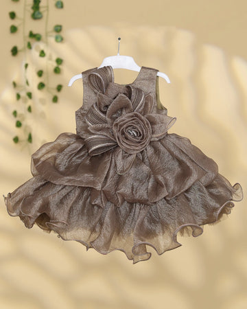 Girls’ Party Wear Sleeveless Organza Frock with Floral Rosette Embellishment and Layered Ruffle Flared Skirt - Taupe Brown