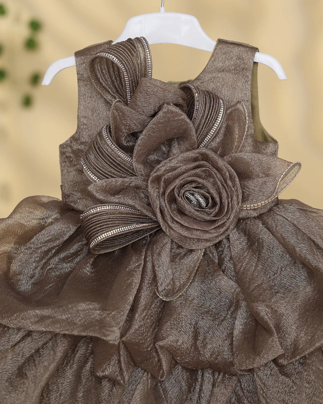 Girls’ Party Wear Sleeveless Organza Frock with Floral Rosette Embellishment and Layered Ruffle Flared Skirt - Taupe Brown