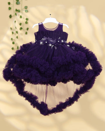 Girls Embellished Sleeveless Party Wear Frock with Fluffy Tulle Ball Gown Skirt Floral Applique Bodice and Layered Ruffle Detailing - Purple