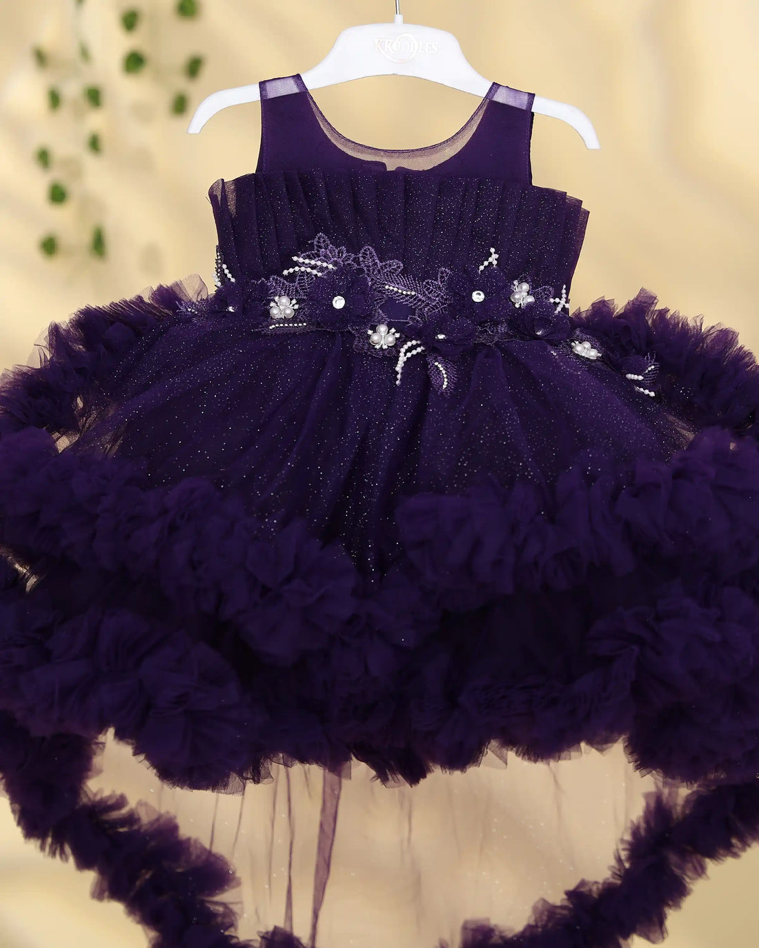 Girls Embellished Sleeveless Party Wear Frock with Fluffy Tulle Ball Gown Skirt Floral Applique Bodice and Layered Ruffle Detailing - Purple
