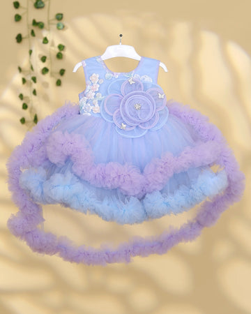 Girls Floral Applique Sleeveless Party Frock with 3D Flower Embellishments Embroidered Bodice and Multi Layered Frilled Tulle Skirt - Pastel Lavender