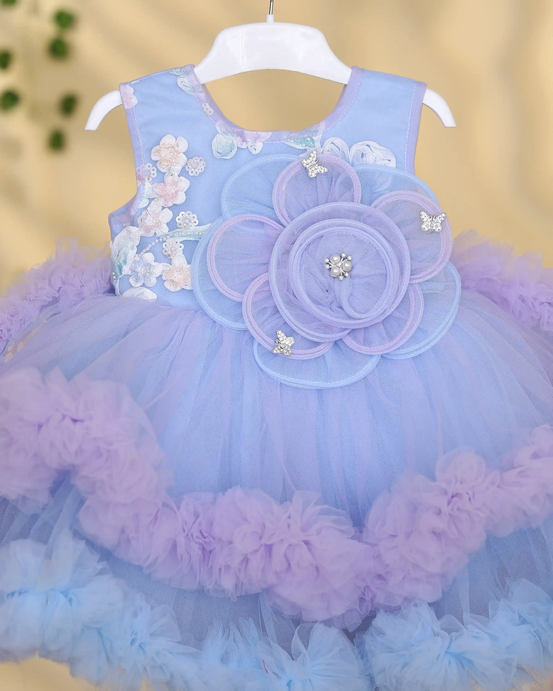 Girls Floral Applique Sleeveless Party Frock with 3D Flower Embellishments Embroidered Bodice and Multi Layered Frilled Tulle Skirt - Pastel Lavender