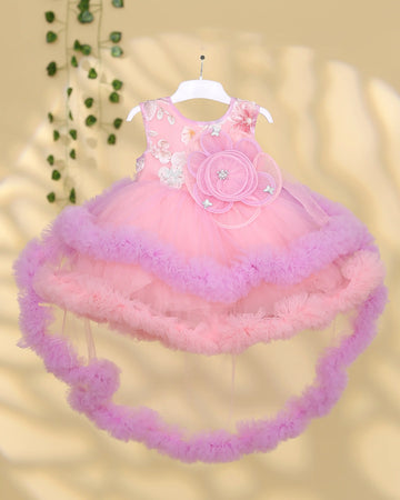 Girls Floral Applique Sleeveless Party Frock with 3D Flower Embellishments Embroidered Bodice and Multi Layered Frilled Tulle Skirt - Pink