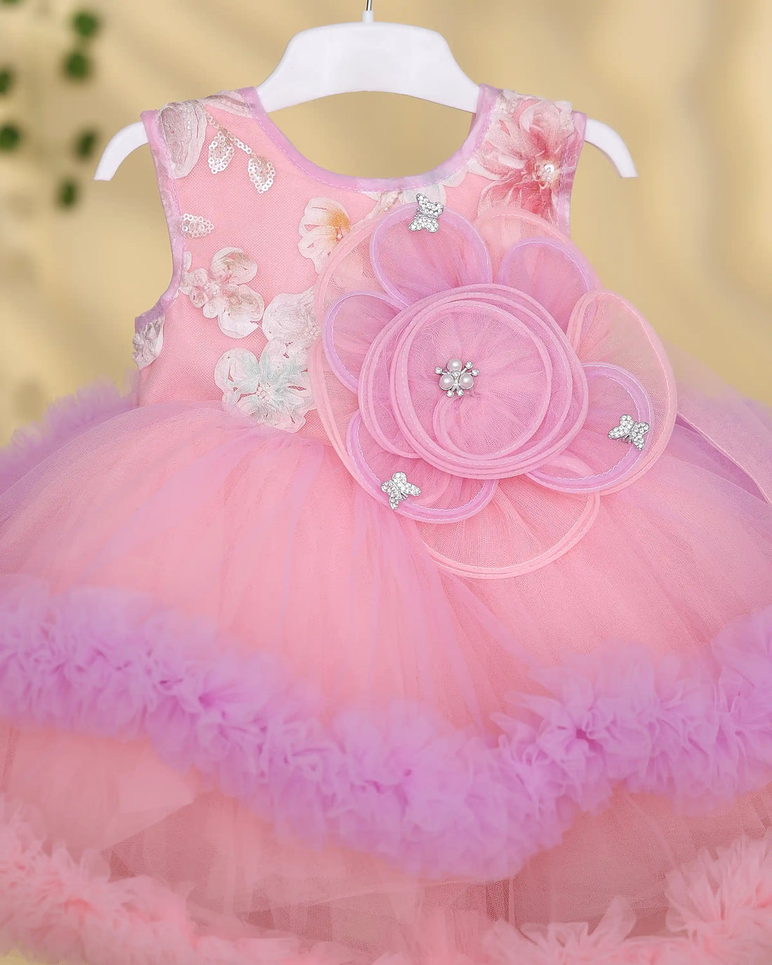 Girls Floral Applique Sleeveless Party Frock with 3D Flower Embellishments Embroidered Bodice and Multi Layered Frilled Tulle Skirt - Pink
