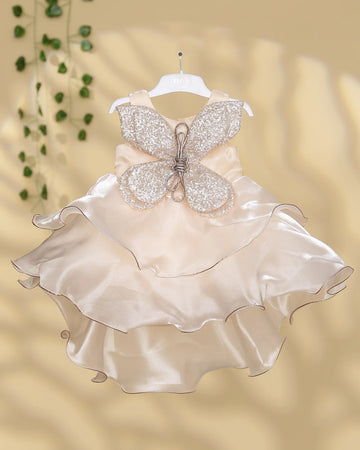 Girls’ Party Frock with Embellished Butterfly Applique Layered Ruffle Skirt and Sleeveless Flared Design - Beige