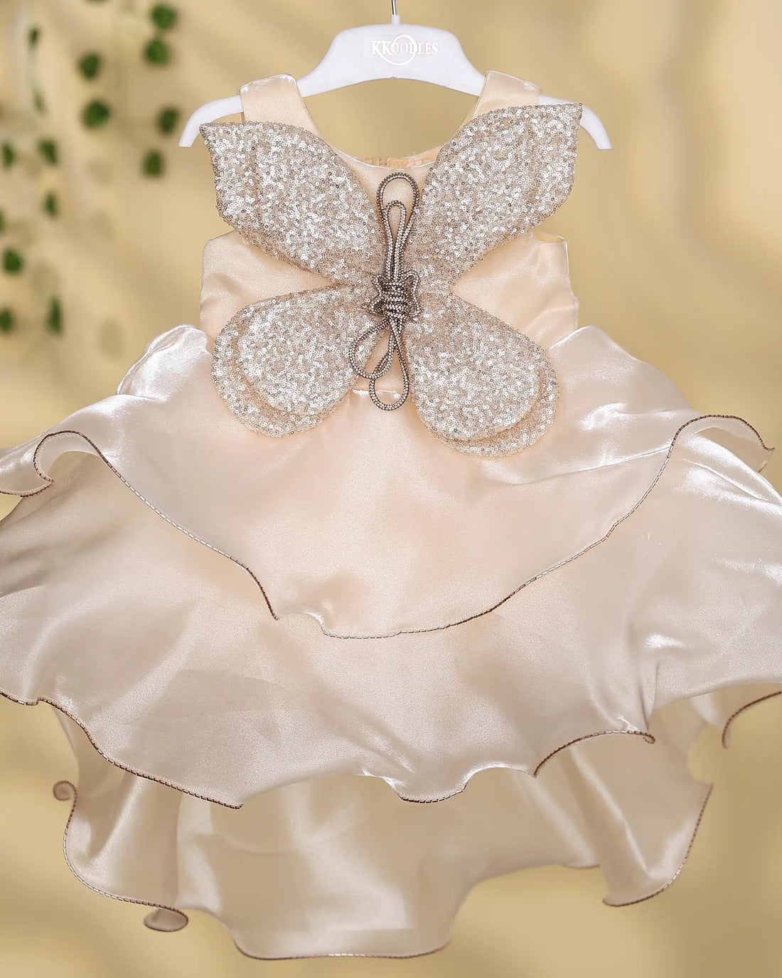 Girls’ Party Frock with Embellished Butterfly Applique Layered Ruffle Skirt and Sleeveless Flared Design - Beige