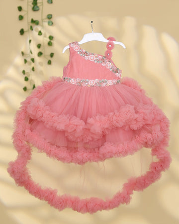 Girls One Shoulder Floral Embellished Party Frock with 3D Flower Appliques and Multi Layered Frilled Tulle Skirt - Coral Pink